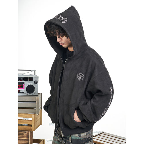 Vintage Oversized Suede Zip-Up Hoodie